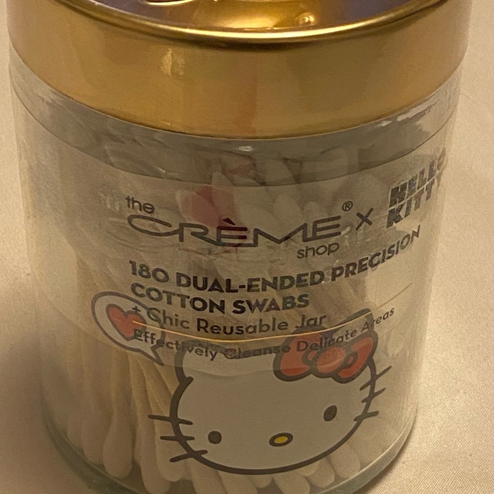 NWT The Creme Shop x HELLO KITTY Cotton Swabs & Chic Reusable Glass Jar Gold Top